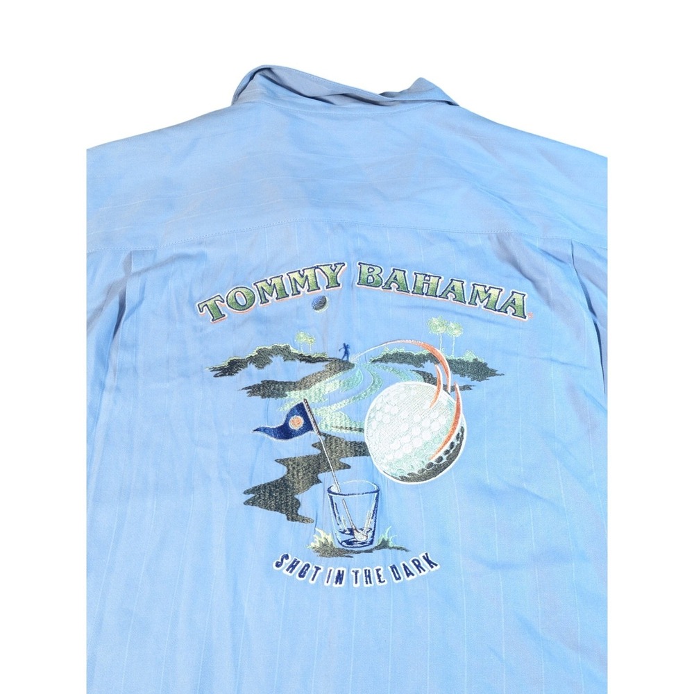 Tommy Bahama Men's M Blue‎ Silk Embroidered Short Sleeve Shirt Golf Resort